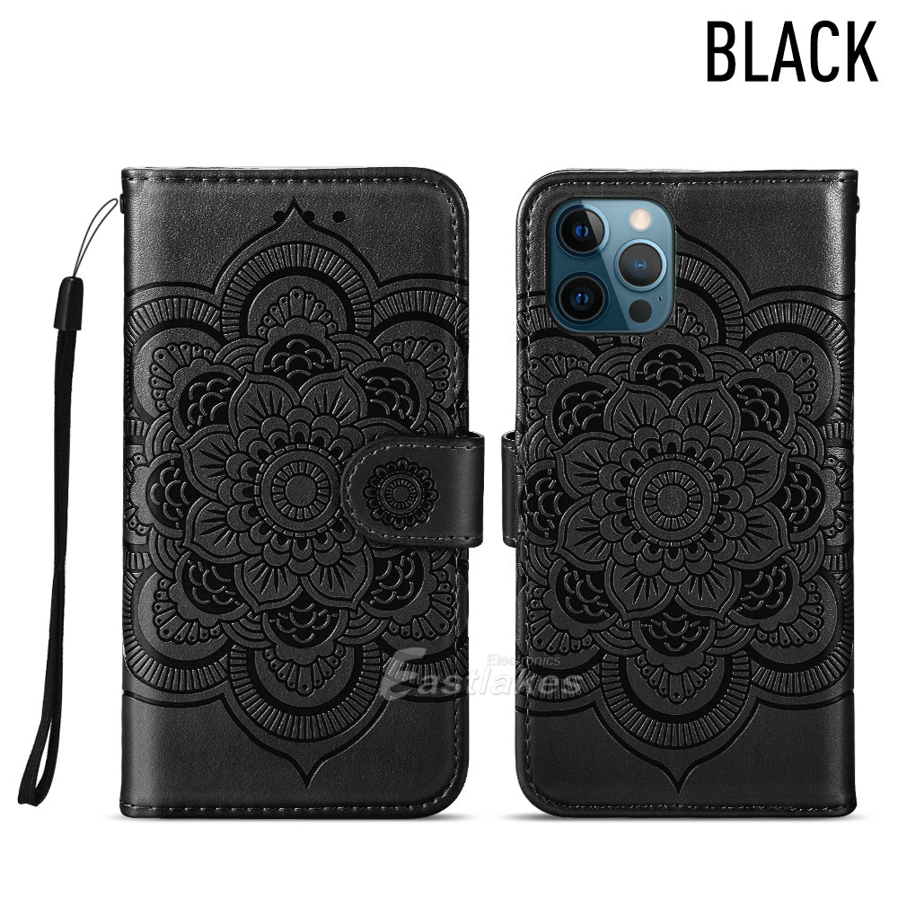 Floral Embossed Leather Wallet Case for iPhone 12 mini 11 Pro Max X XS XR - Eastlakes Electronics